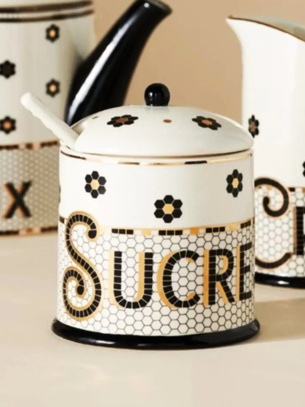 Anthropologie Bistro Tile Decaled Stoneware Sugar Bowl Pot 3 Pcs Set Mosaic New